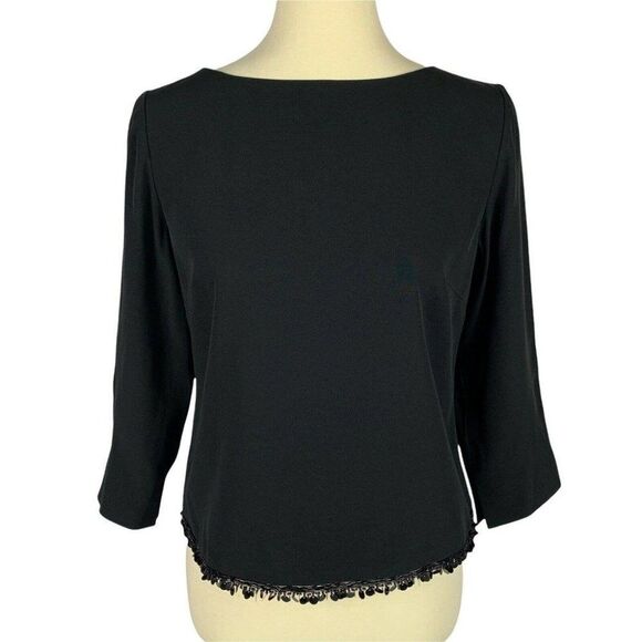 Ann Taylor Black Classic Beaded Hem Back Zipper 3/4 Sleeve Top Blouse Women’s 4 - Picture 1 of 12